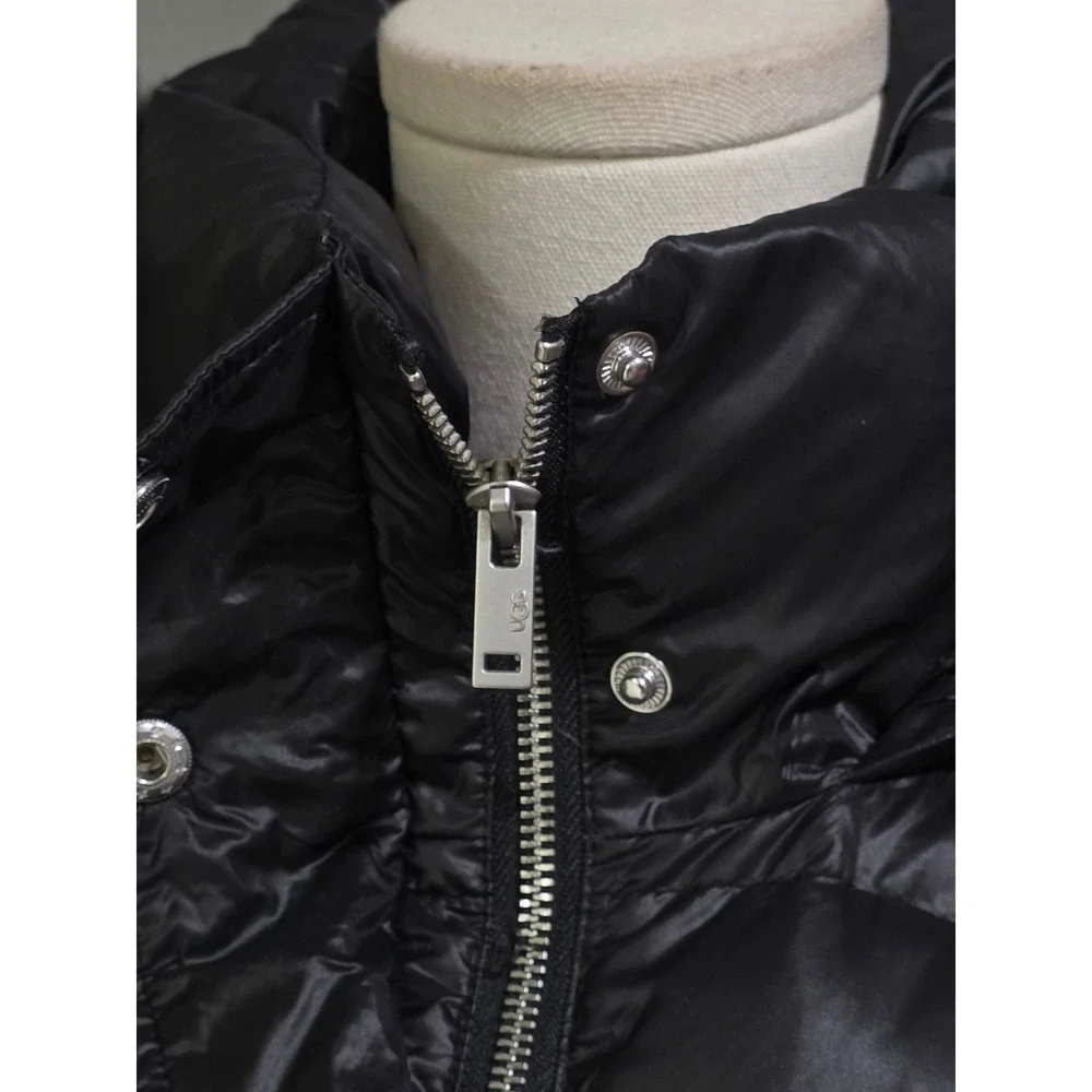 UGG Puffer Jacket Womens S Black Faux Fur Hooded Parka Quilted Zip‎